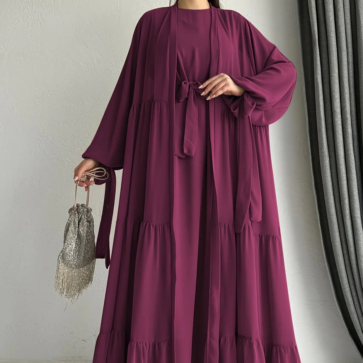 Two-Piece Tiered Dress & Tie-Sleeve Cardigan Set (MOA292) - Image 9