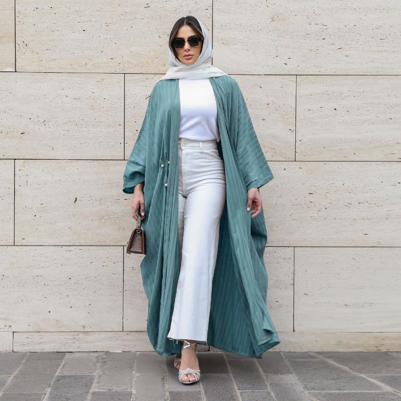 V-Neck Abaya Cardigan Robe | Bat Sleeve Kimono Cover-Up With Pearl Buttons (MOA226) - Image 10