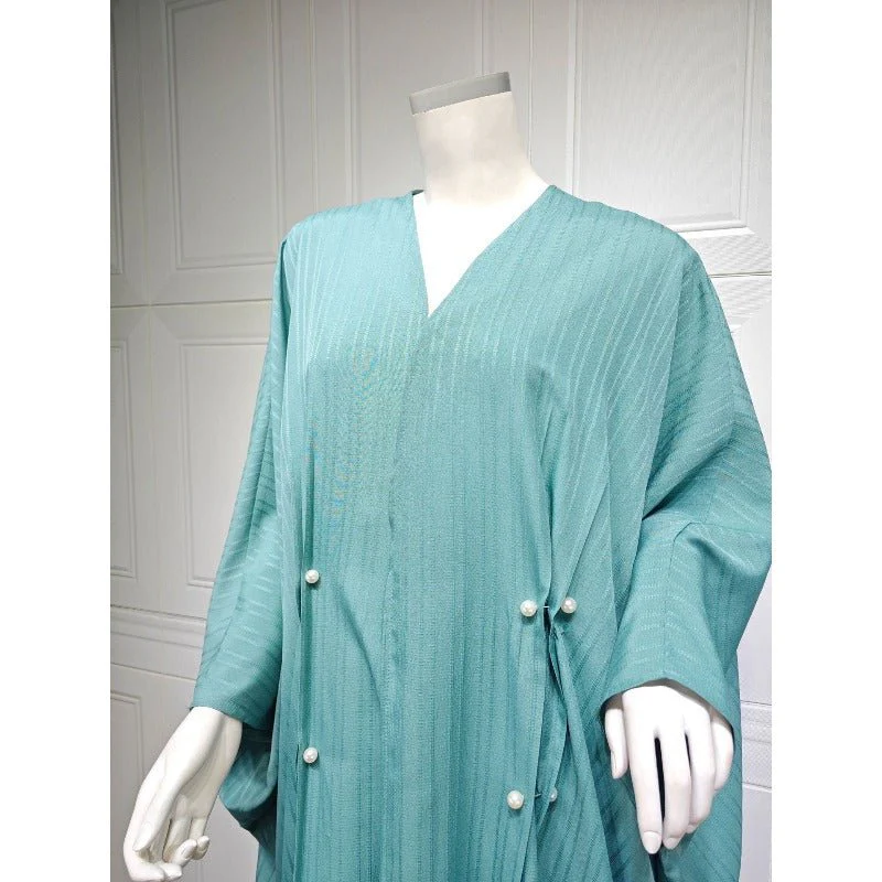 V-Neck Abaya Cardigan Robe | Bat Sleeve Kimono Cover-Up With Pearl Buttons (MOA226) - Image 11
