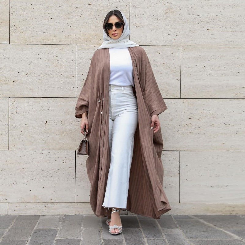 V-Neck Abaya Cardigan Robe | Bat Sleeve Kimono Cover-Up With Pearl Buttons (MOA226) - Image 16
