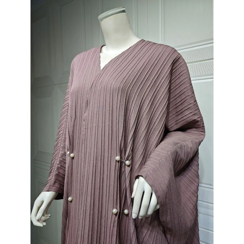 V-Neck Abaya Cardigan Robe | Bat Sleeve Kimono Cover-Up With Pearl Buttons (MOA226) - Image 18