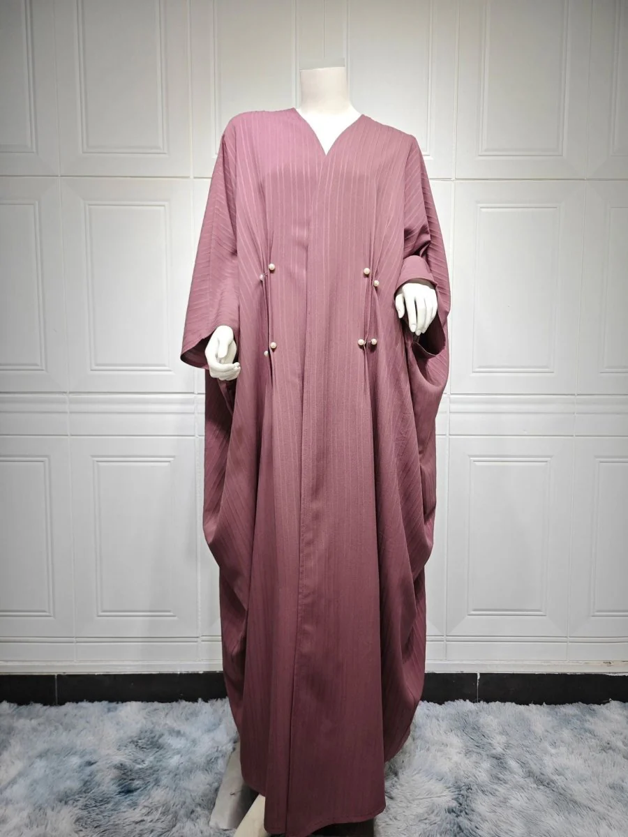 V-Neck Abaya Cardigan Robe | Bat Sleeve Kimono Cover-Up With Pearl Buttons (MOA226) - Image 22