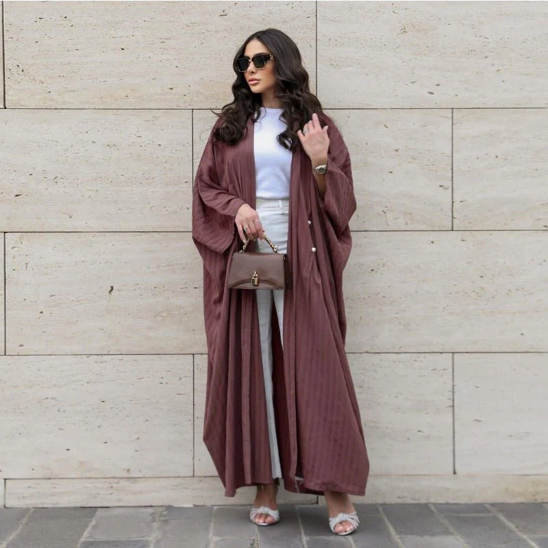 V-Neck Abaya Cardigan Robe | Bat Sleeve Kimono Cover-Up With Pearl Buttons (MOA226) - Image 3