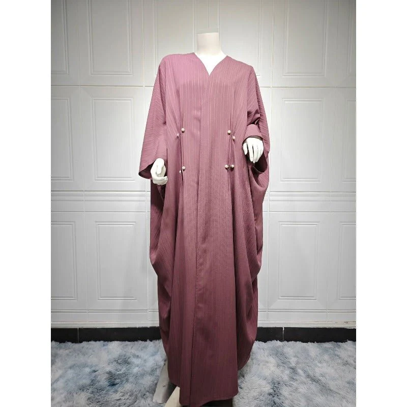 V-Neck Abaya Cardigan Robe | Bat Sleeve Kimono Cover-Up With Pearl Buttons (MOA226) - Image 4