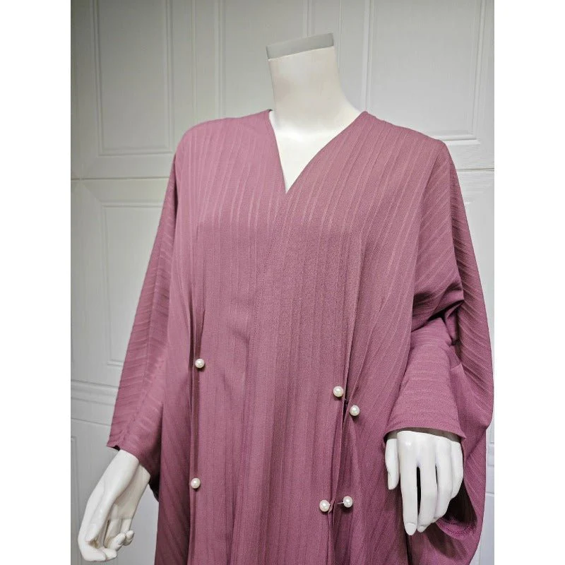V-Neck Abaya Cardigan Robe | Bat Sleeve Kimono Cover-Up With Pearl Buttons (MOA226) - Image 5