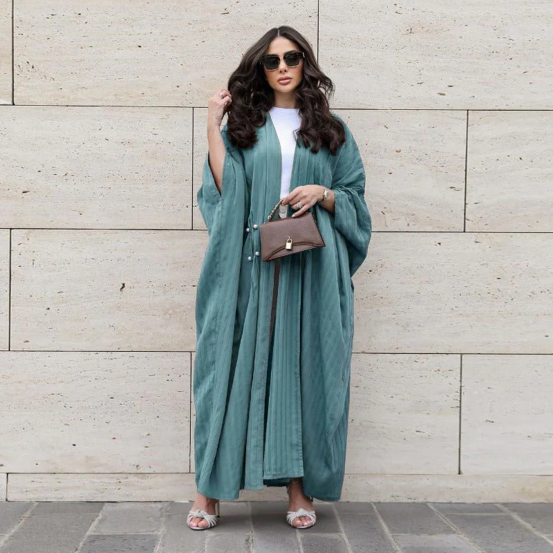 V-Neck Abaya Cardigan Robe | Bat Sleeve Kimono Cover-Up With Pearl Buttons (MOA226) - Image 7