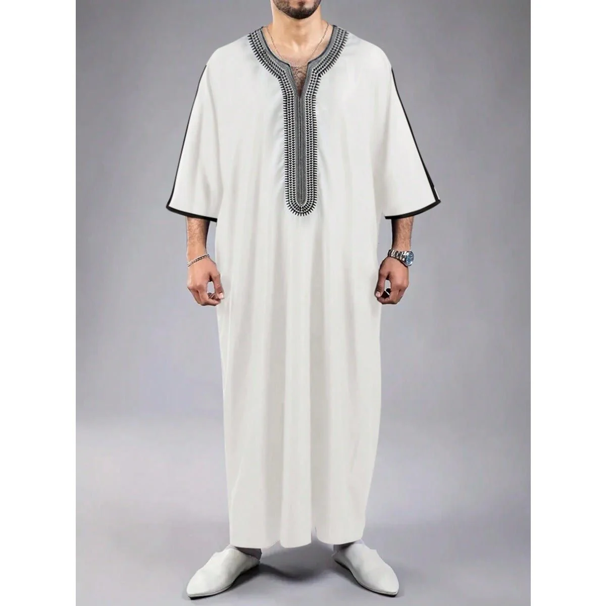V-Neck Geometric Stitching Embroidered Medium Short Sleeve Muslim Robe Thobe (MT030) - Image 11