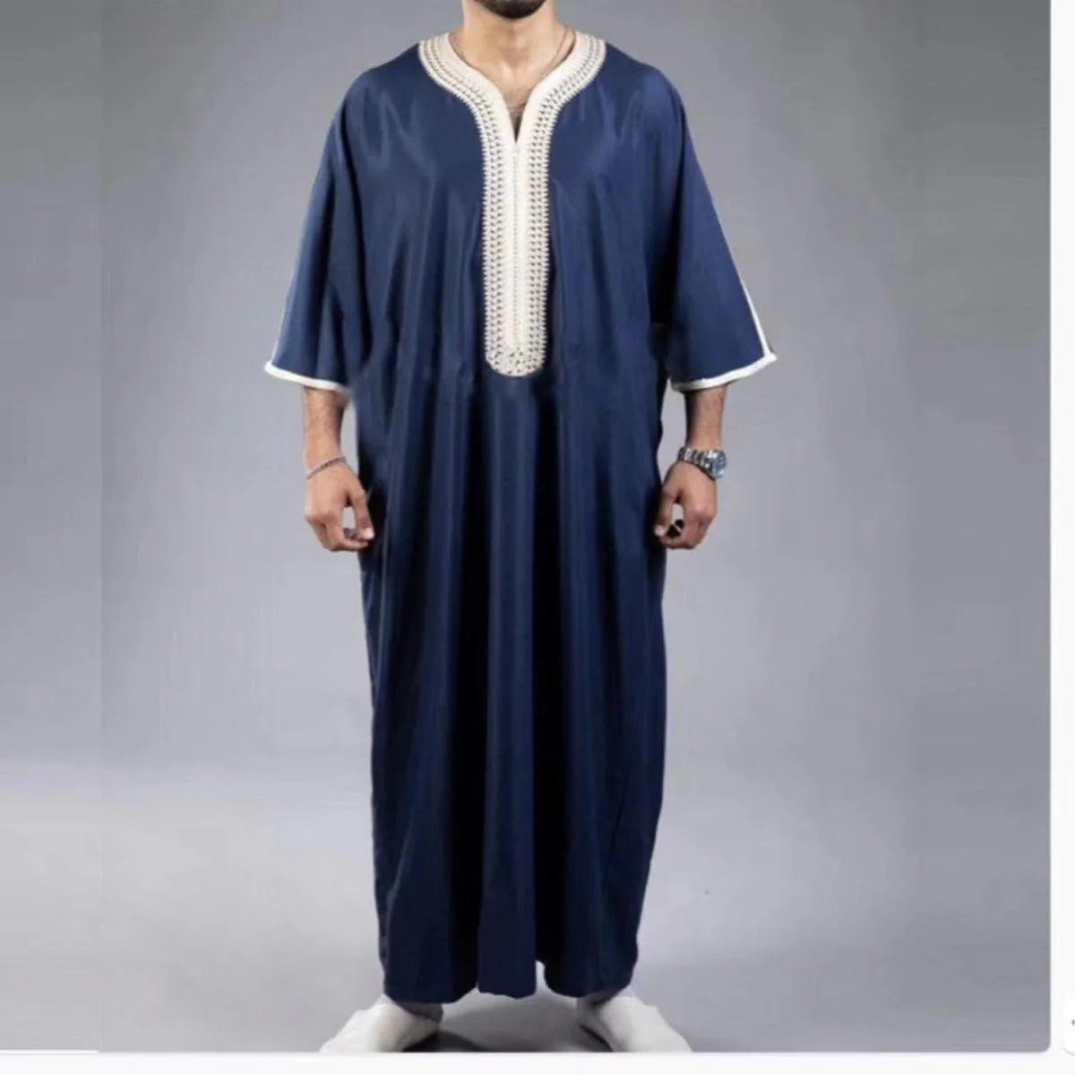 V-Neck Geometric Stitching Embroidered Medium Short Sleeve Muslim Robe Thobe (MT030) - Image 3