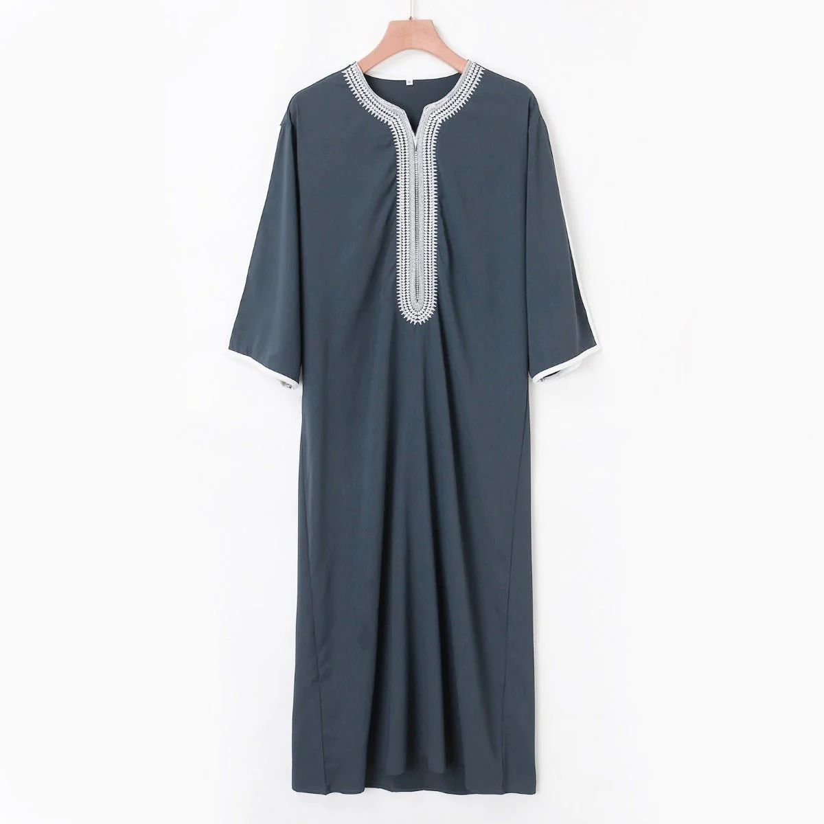 V-Neck Geometric Stitching Embroidered Medium Short Sleeve Muslim Robe Thobe (MT030) - Image 4