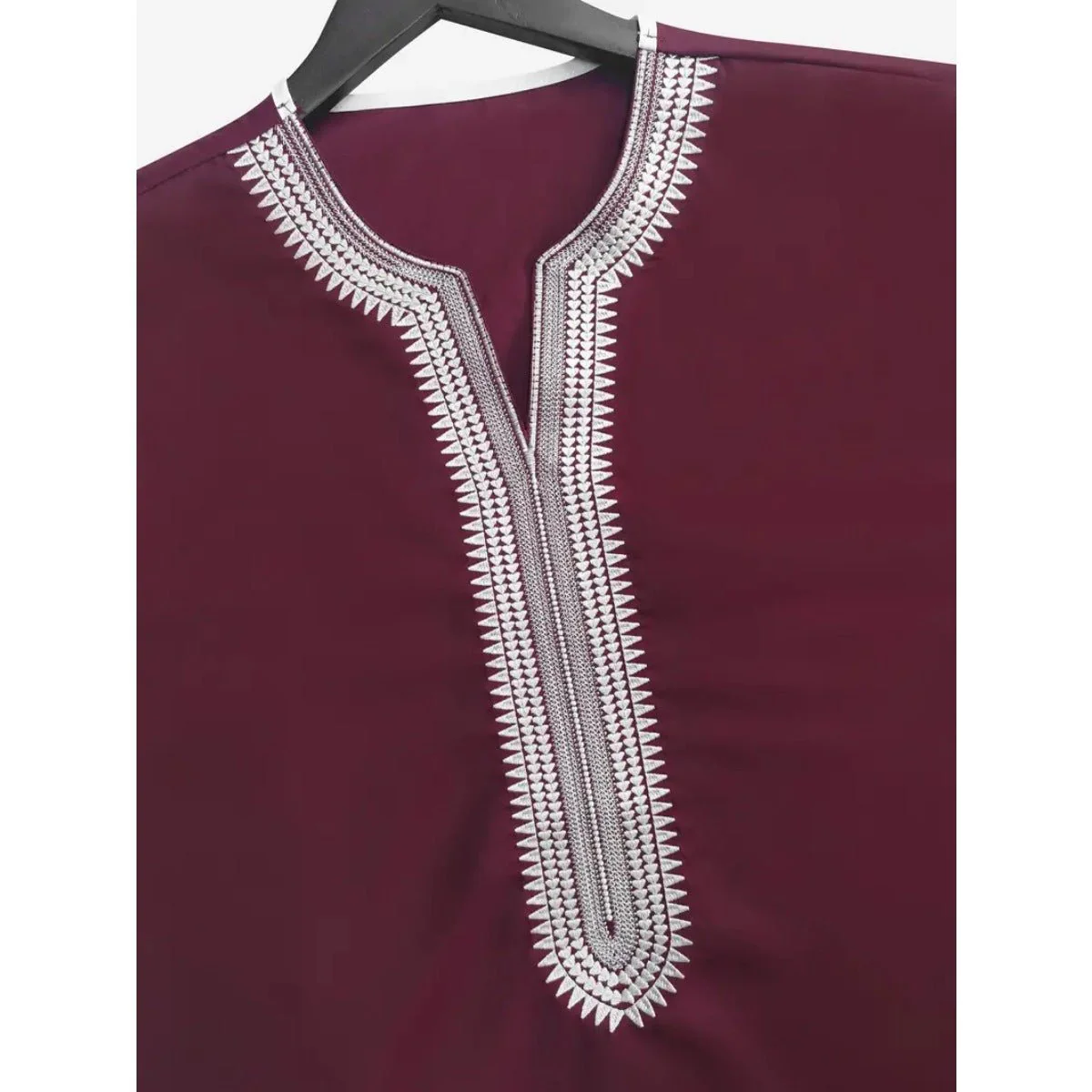 V-Neck Geometric Stitching Embroidered Medium Short Sleeve Muslim Robe Thobe (MT030) - Image 7