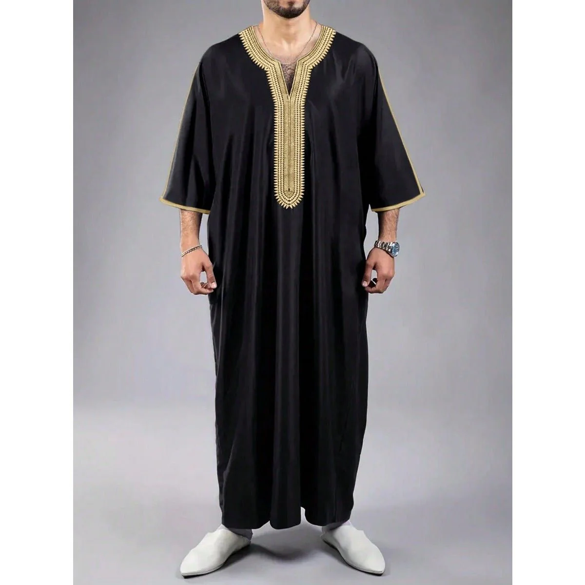 V-Neck Geometric Stitching Embroidered Medium Short Sleeve Muslim Robe Thobe (MT030) - Image 8