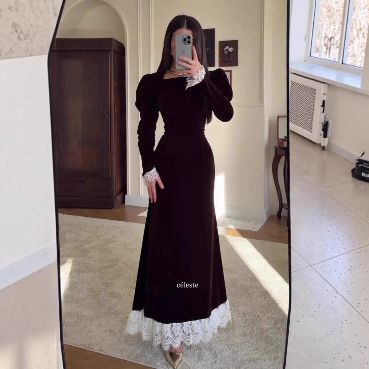 Velvet Gown with Lace Trim(MS238) - Image 3