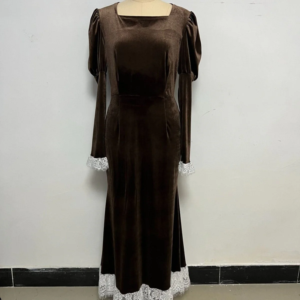 Velvet Gown with Lace Trim(MS238) - Image 9