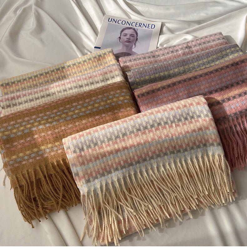 Vibrant Plaid Scarf Faux Wool Warm Shawl with Fringe (MAC334) - Image 16