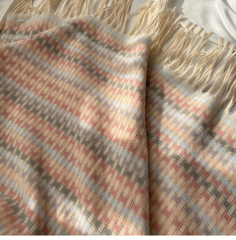 Vibrant Plaid Scarf Faux Wool Warm Shawl with Fringe (MAC334) - Image 17