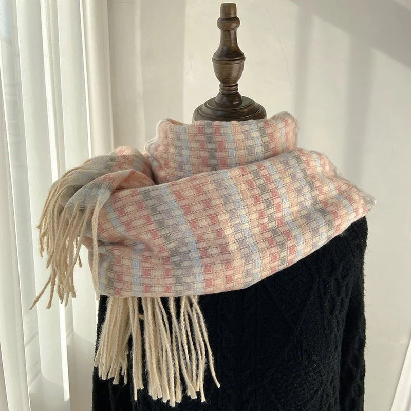Vibrant Plaid Scarf Faux Wool Warm Shawl with Fringe (MAC334) - Image 2