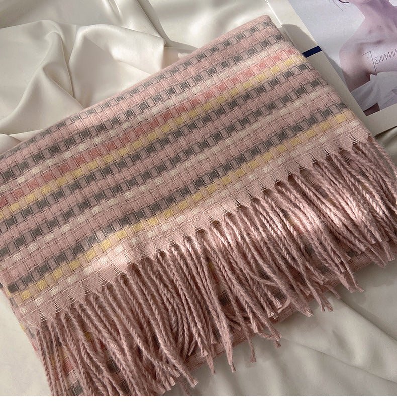 Vibrant Plaid Scarf Faux Wool Warm Shawl with Fringe (MAC334) - Image 20