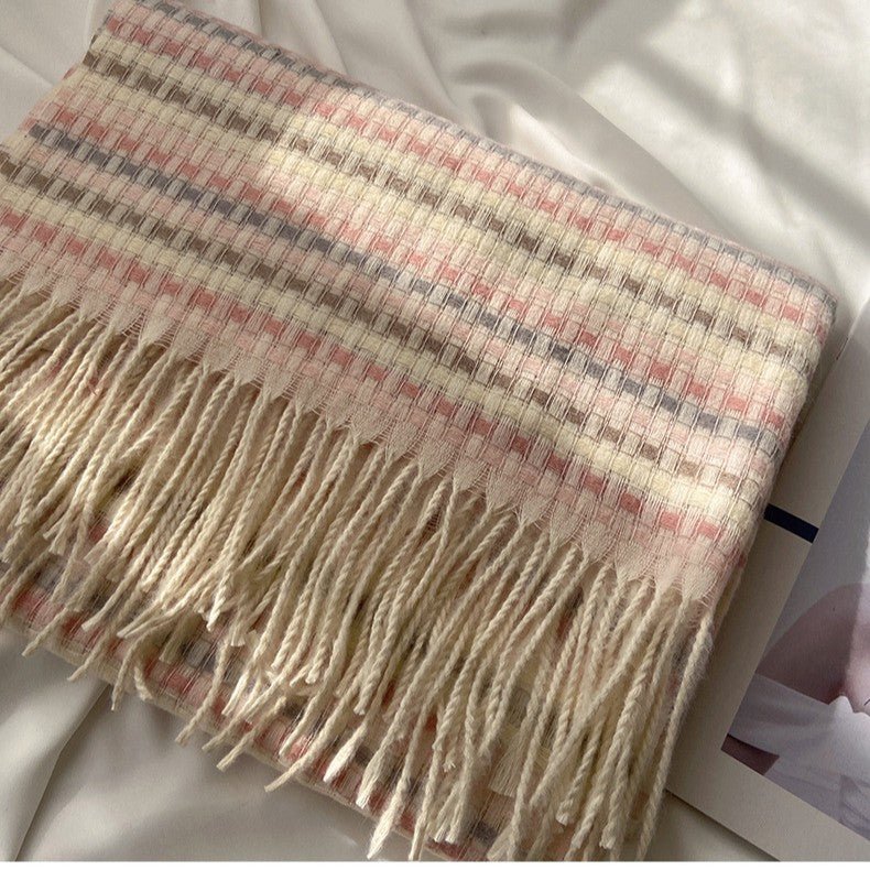 Vibrant Plaid Scarf Faux Wool Warm Shawl with Fringe (MAC334) - Image 3