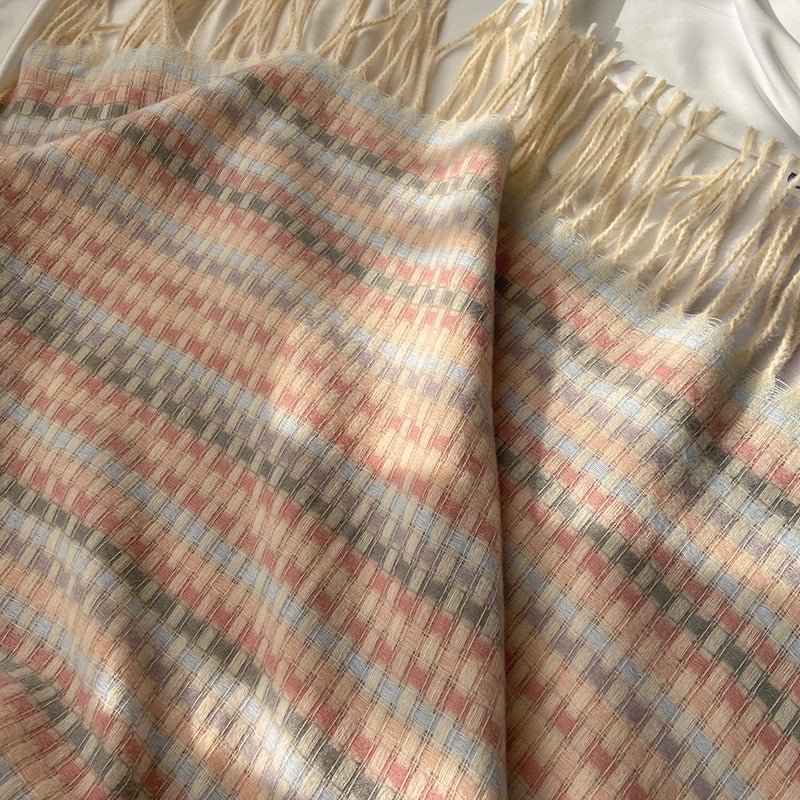 Vibrant Plaid Scarf Faux Wool Warm Shawl with Fringe (MAC334) - Image 4