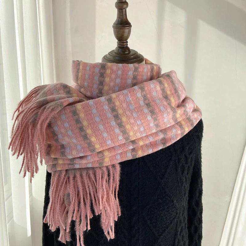 Vibrant Plaid Scarf Faux Wool Warm Shawl with Fringe (MAC334) - Image 5