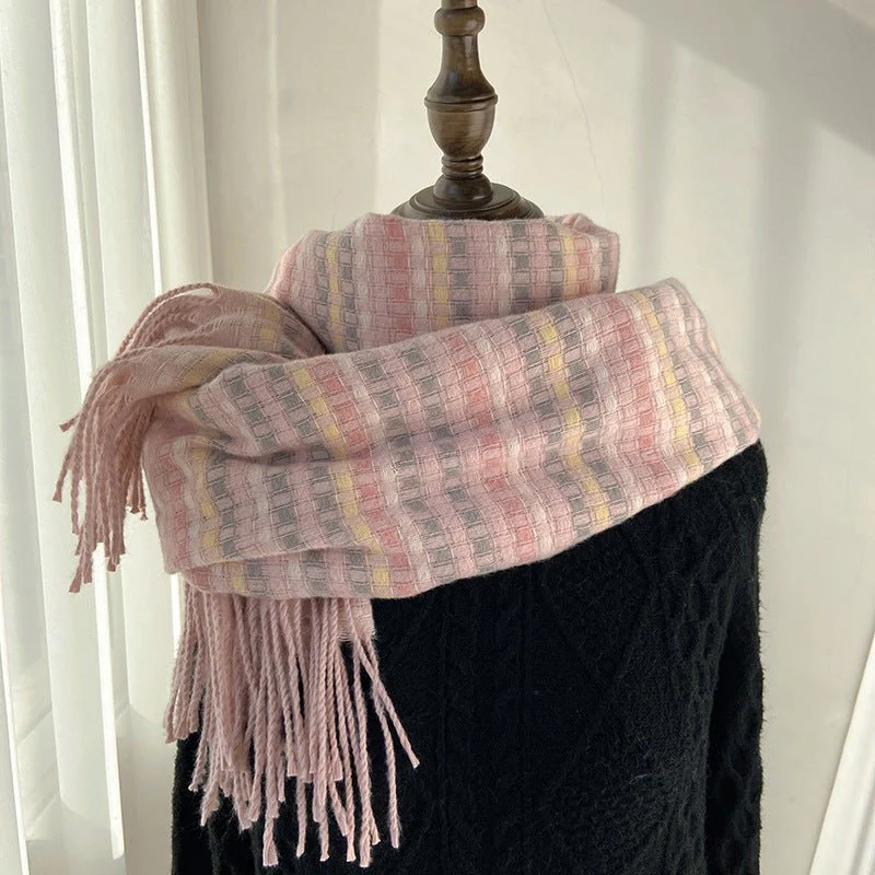 Vibrant Plaid Scarf Faux Wool Warm Shawl with Fringe (MAC334) - Image 6