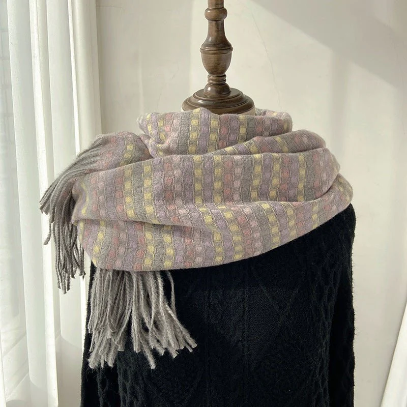 Vibrant Plaid Scarf Faux Wool Warm Shawl with Fringe (MAC334) - Image 7