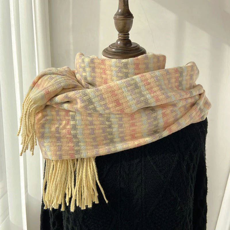 Vibrant Plaid Scarf Faux Wool Warm Shawl with Fringe (MAC334) - Image 8