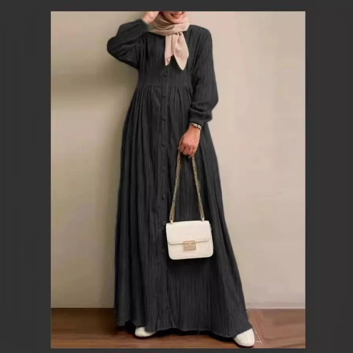 Vintage Button-Front Abaya Dress | Long Sleeve Modest Robe (MA256) - Image 12