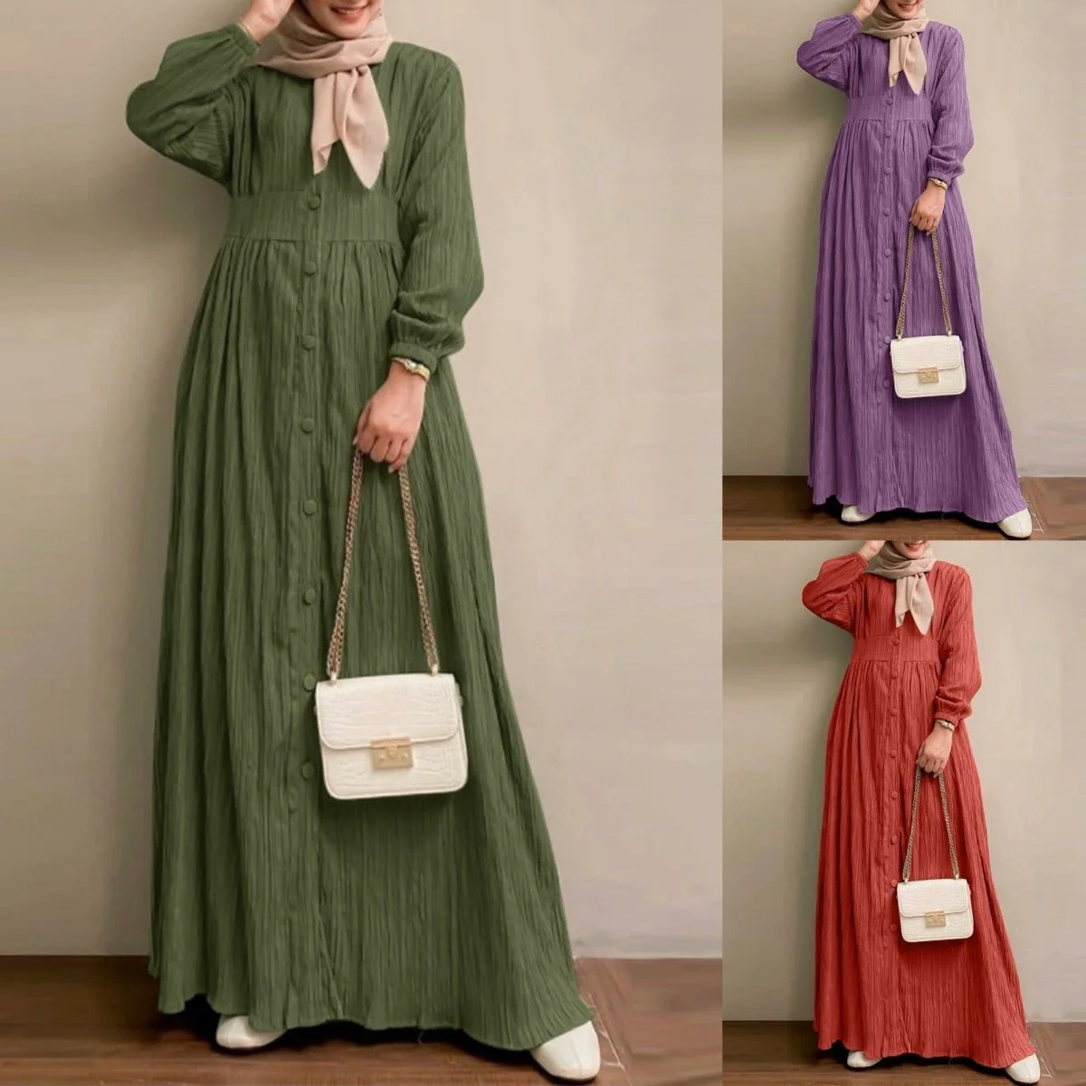 Vintage Button-Front Abaya Dress | Long Sleeve Modest Robe (MA256) - Image 14