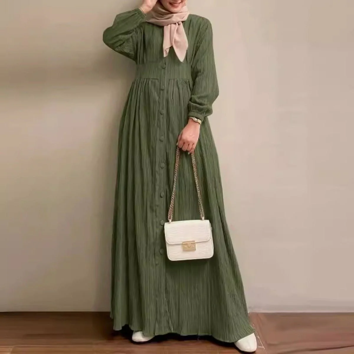 Vintage Button-Front Abaya Dress | Long Sleeve Modest Robe (MA256) - Image 3