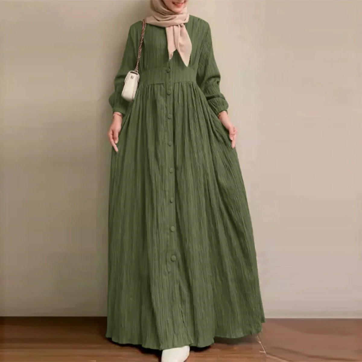 Vintage Button-Front Abaya Dress | Long Sleeve Modest Robe (MA256) - Image 4