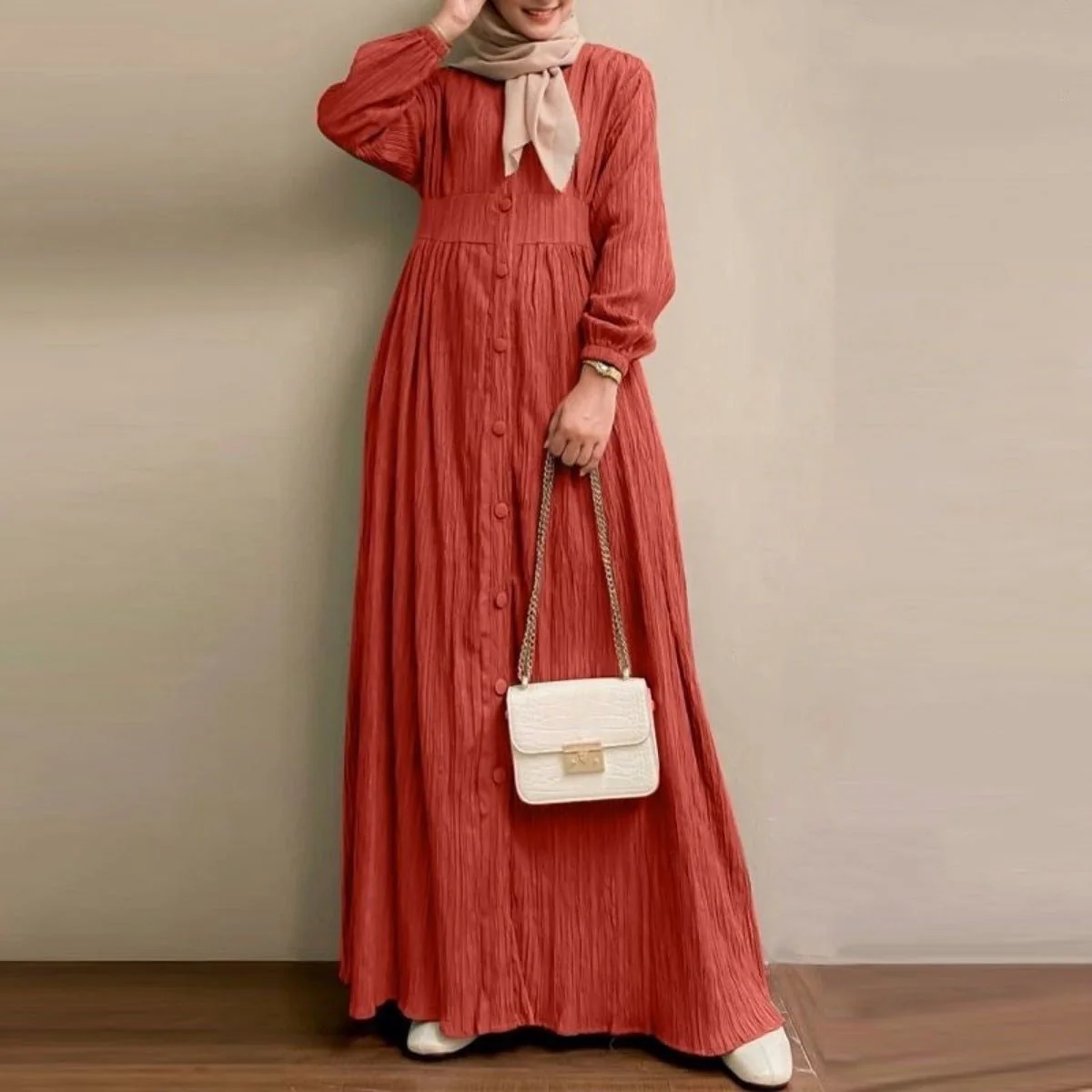 Vintage Button-Front Abaya Dress | Long Sleeve Modest Robe (MA256) - Image 7