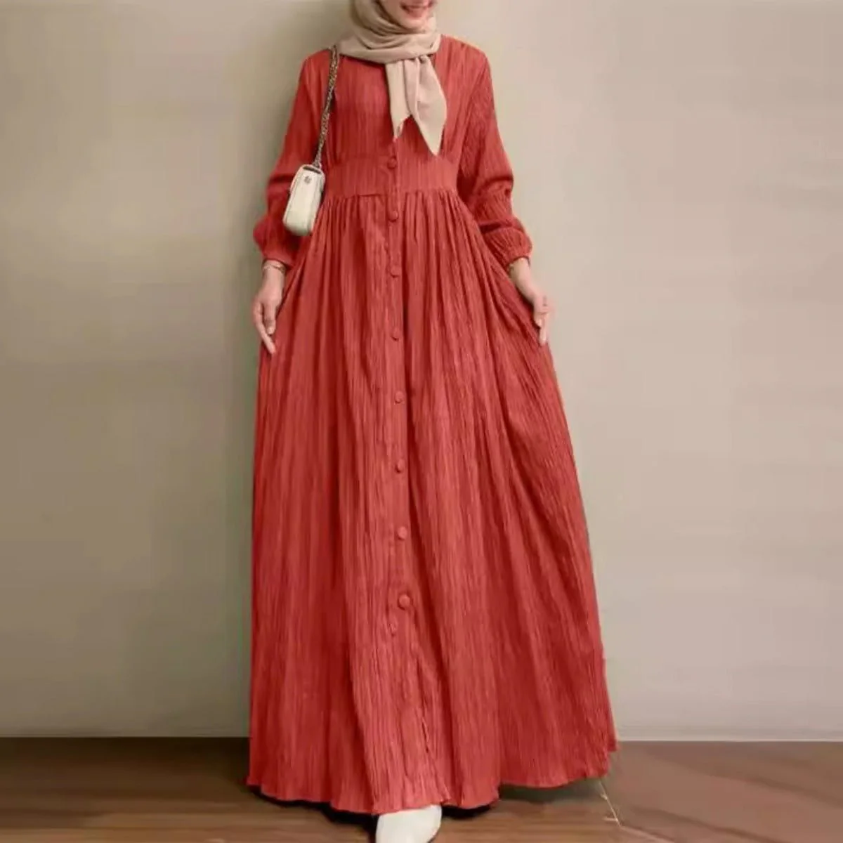 Vintage Button-Front Abaya Dress | Long Sleeve Modest Robe (MA256) - Image 8