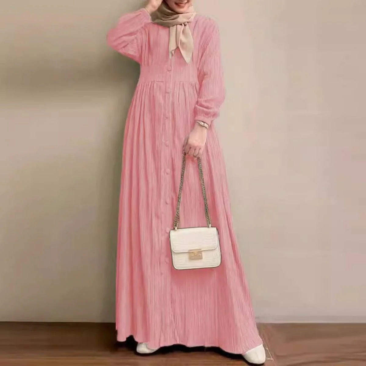 Vintage Button-Front Abaya Dress | Long Sleeve Modest Robe (MA256) - Image 9