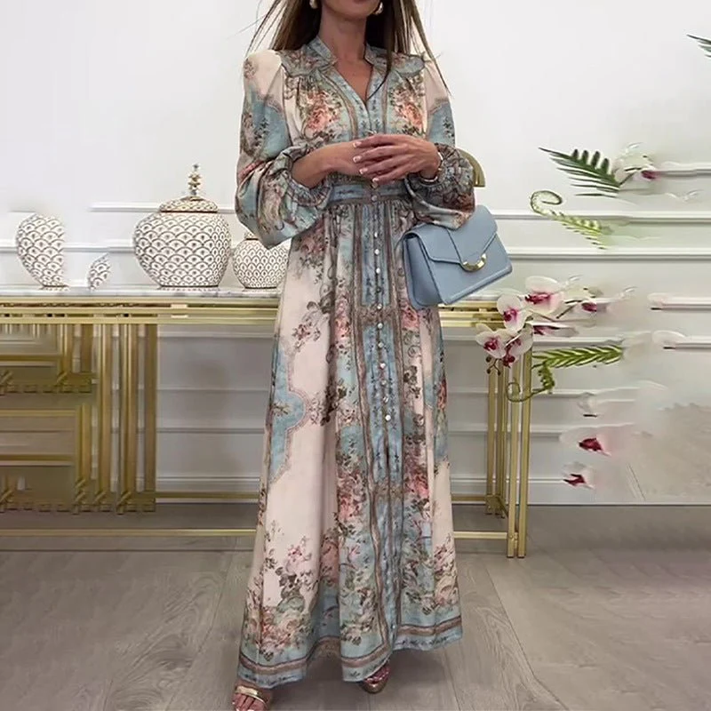 Vintage Floral Maxi Dress | V-Neck Long Sleeve Victorian Style Dress(MA378)