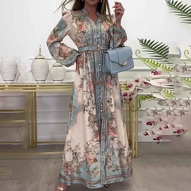 Vintage Floral Maxi Dress | V-Neck Long Sleeve Victorian Style Dress(MA378) - Image 2