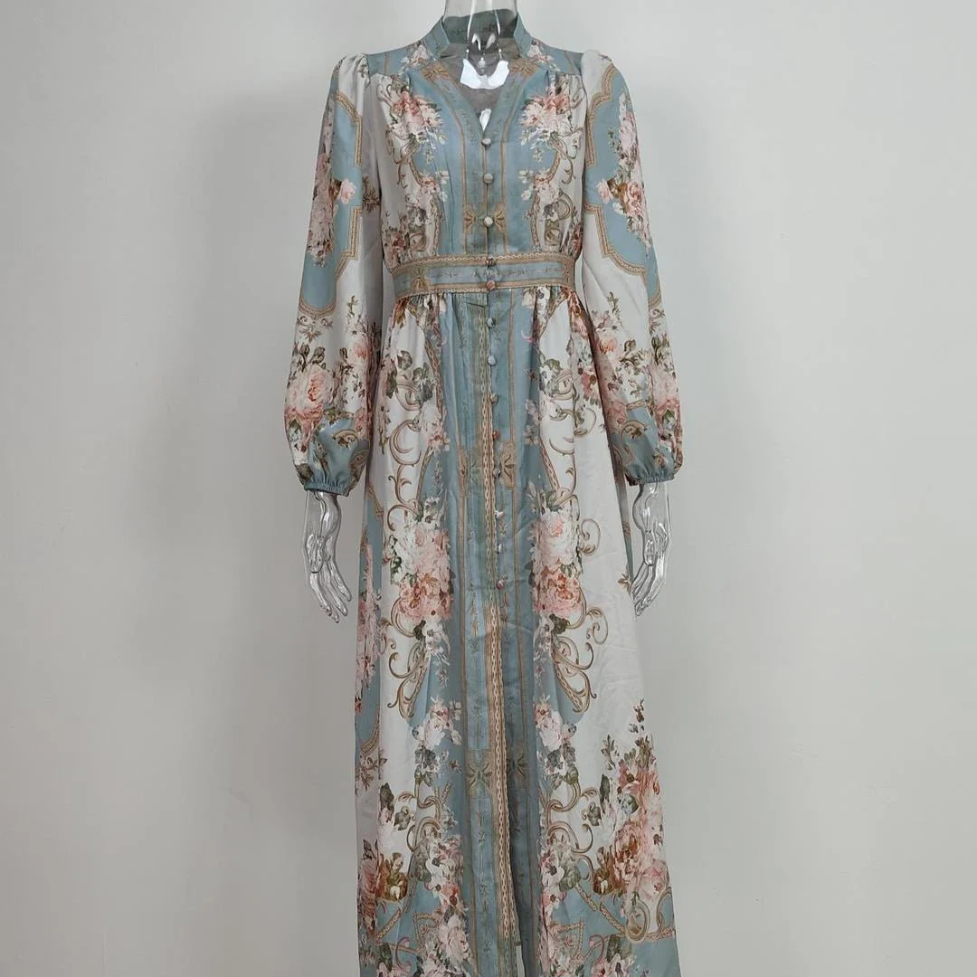 Vintage Floral Maxi Dress | V-Neck Long Sleeve Victorian Style Dress(MA378) - Image 4