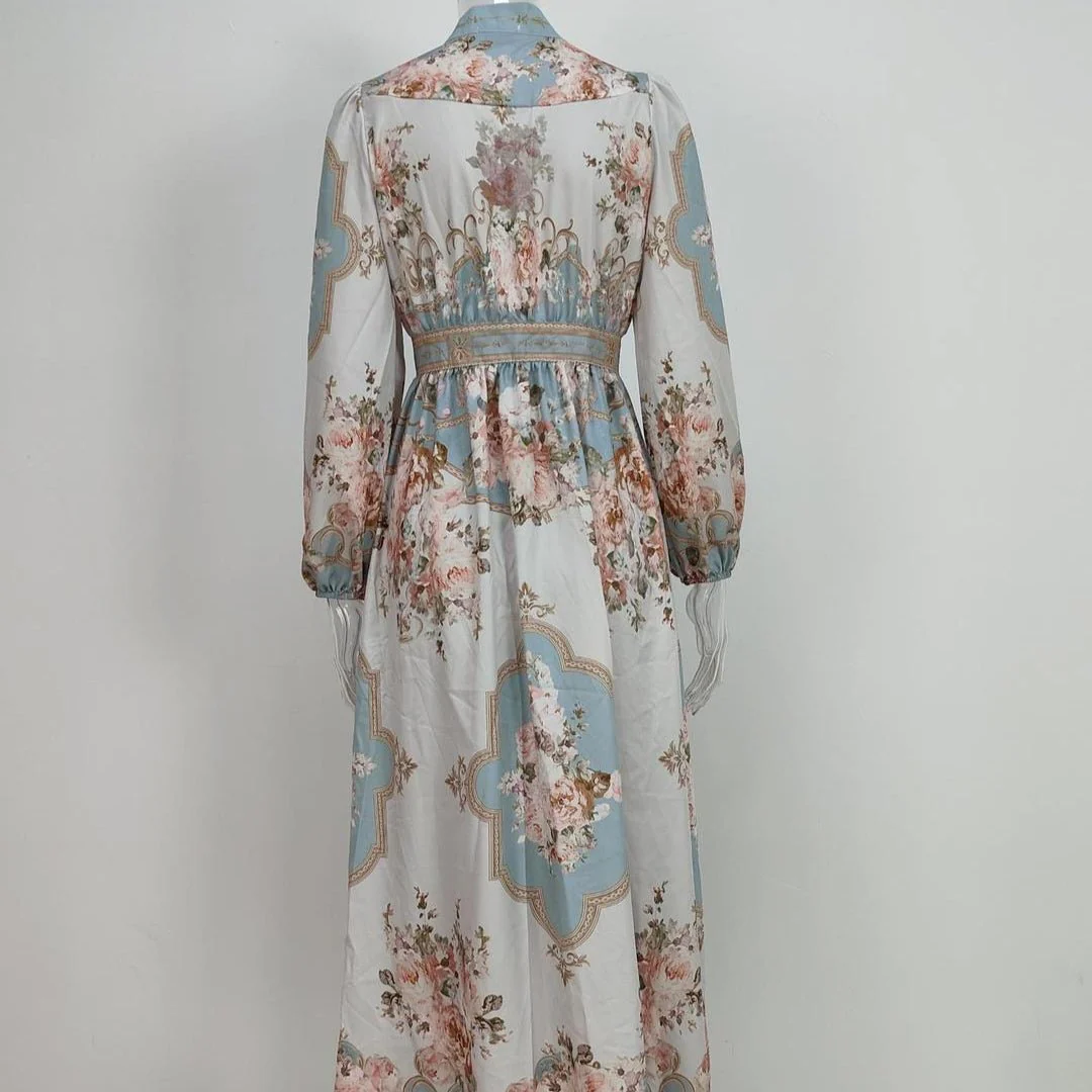 Vintage Floral Maxi Dress | V-Neck Long Sleeve Victorian Style Dress(MA378) - Image 6