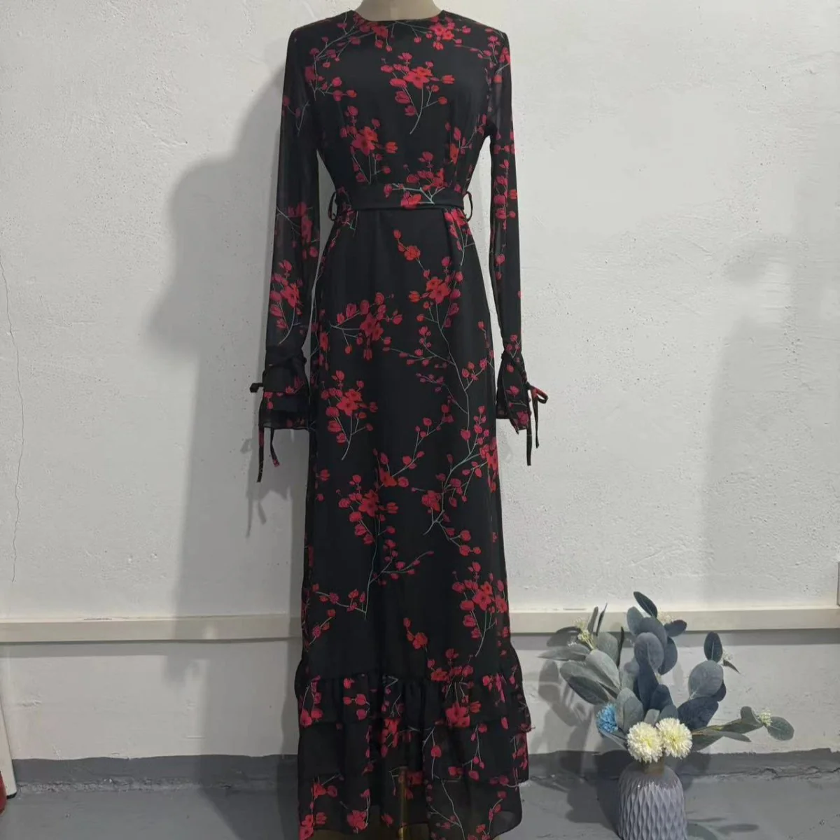 Vintage Floral Print Dress with Ruffle Cuffs(MS338) - Image 5