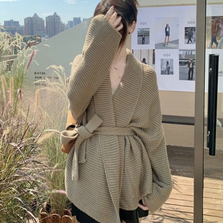 Waffle Knit Robe Cardigan | Belted Oversized Sweater Coat(MS198) - Image 2