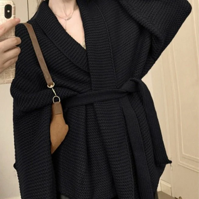 Waffle Knit Robe Cardigan | Belted Oversized Sweater Coat(MS198) - Image 3