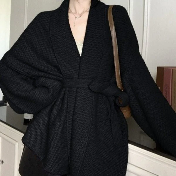 Waffle Knit Robe Cardigan | Belted Oversized Sweater Coat(MS198) - Image 4