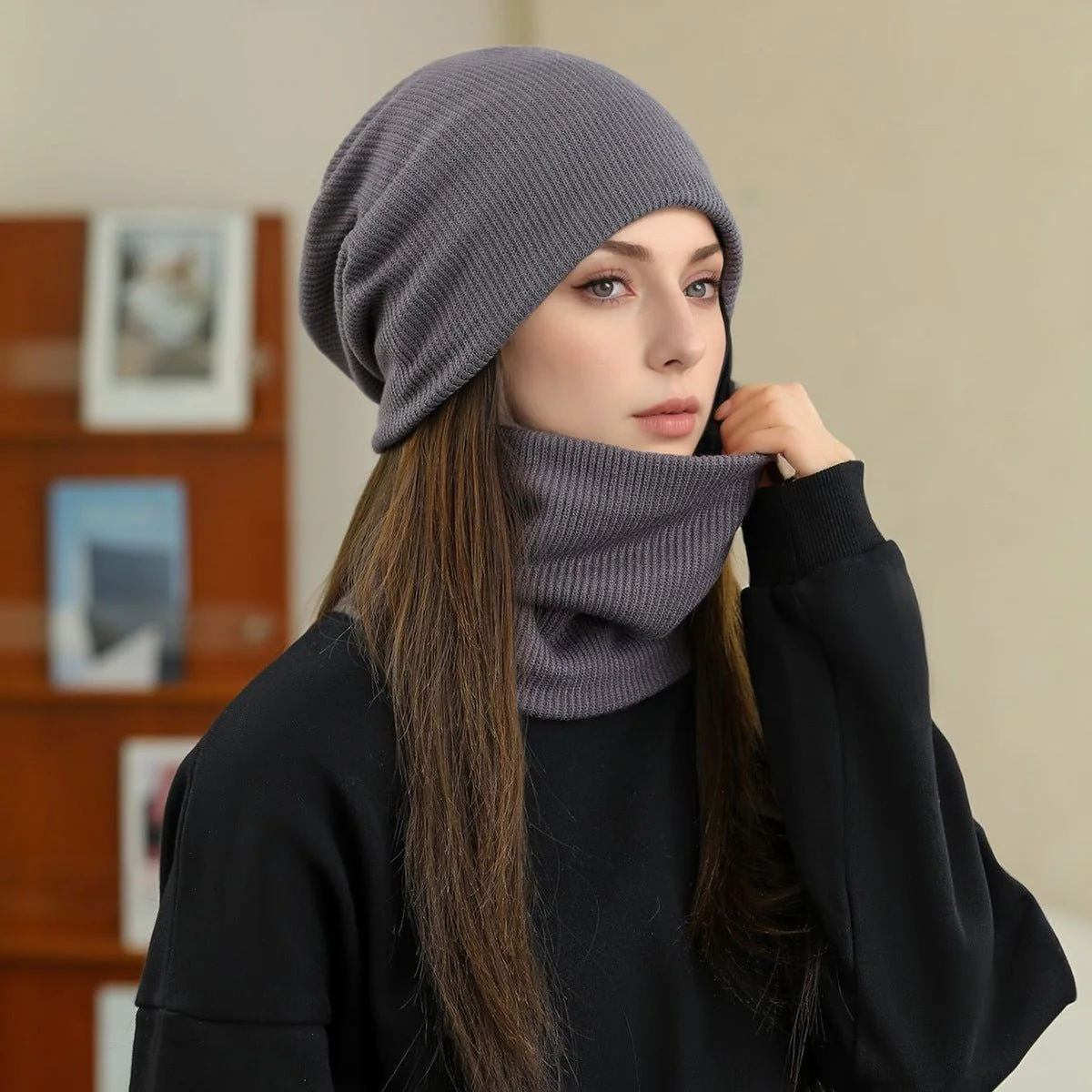 Warm Knit Beanie with Looped Scarf Set (MAC299) - Image 2