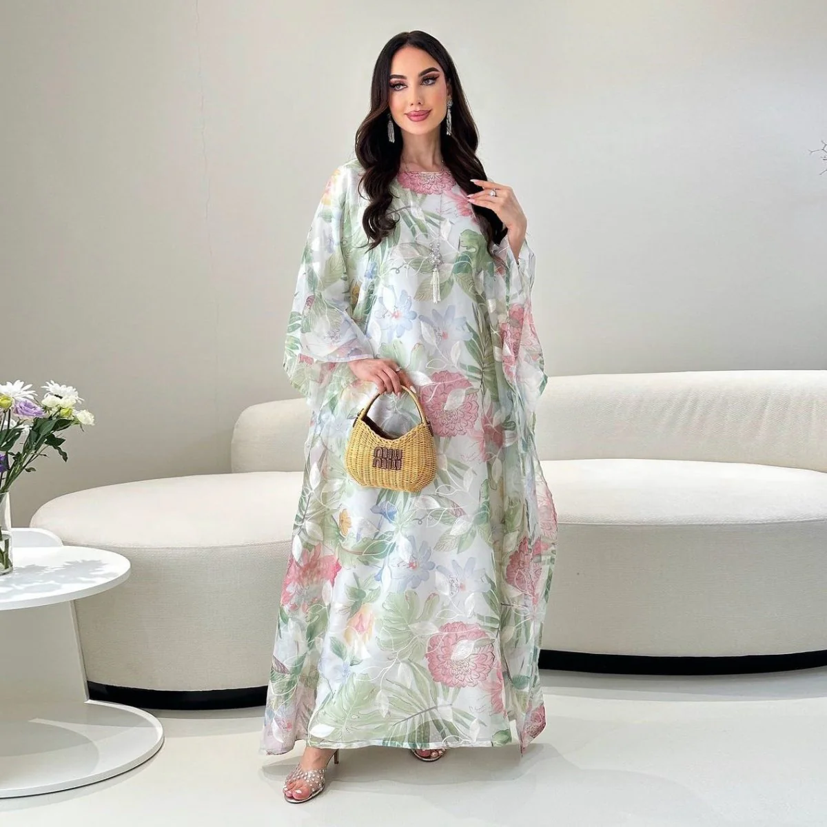 Watercolor Floral Kaftan Abaya | Batwing Sleeve Pullover Abaya (MA371) - Image 3