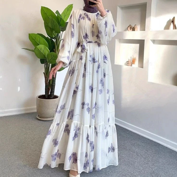 Watercolor Floral Maxi Dress | Long Sleeve Belted Tiered Dress(MS273)