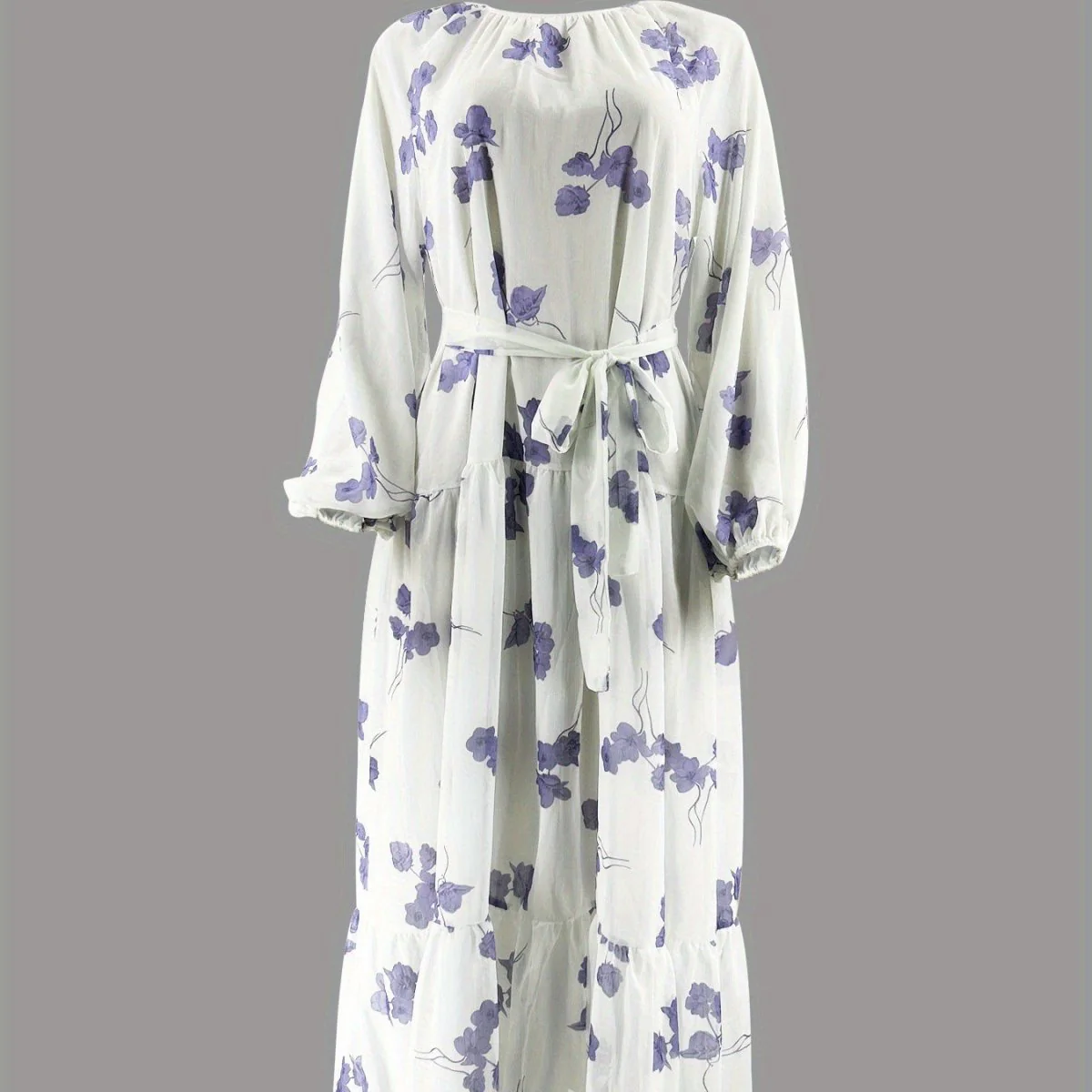 Watercolor Floral Maxi Dress | Long Sleeve Belted Tiered Dress(MS273) - Image 3