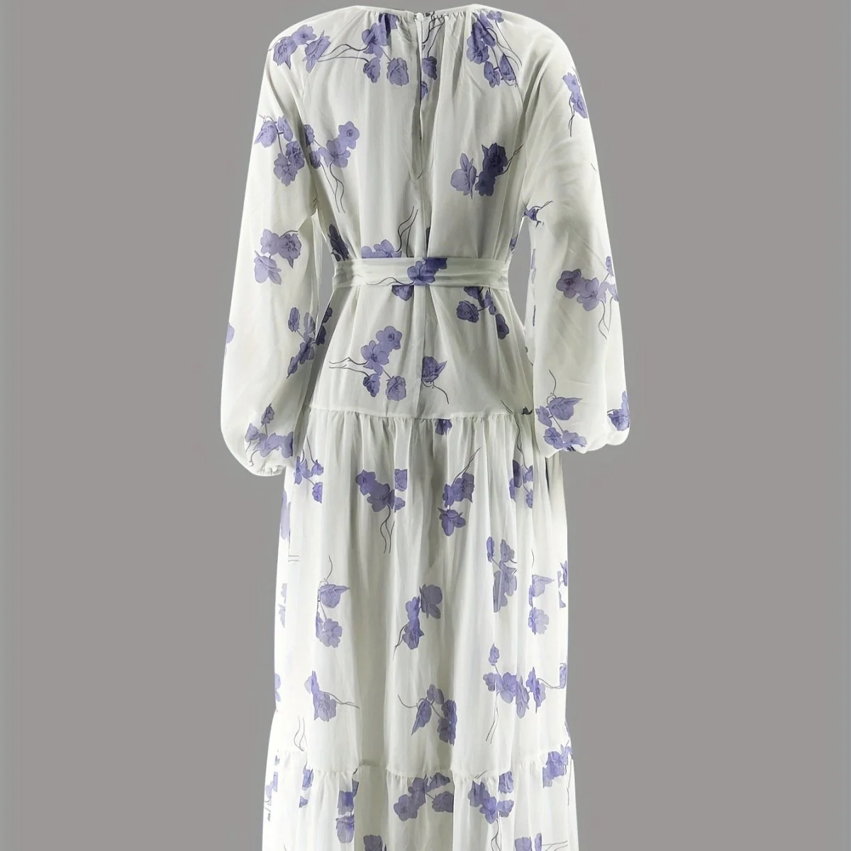 Watercolor Floral Maxi Dress | Long Sleeve Belted Tiered Dress(MS273) - Image 4
