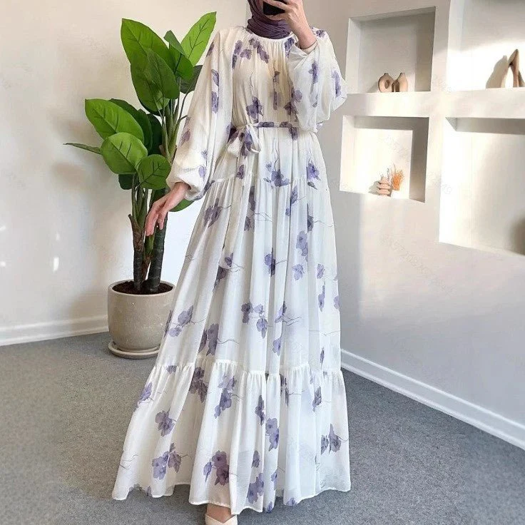 Watercolor Floral Maxi Dress | Long Sleeve Belted Tiered Dress(MS273) - Image 5