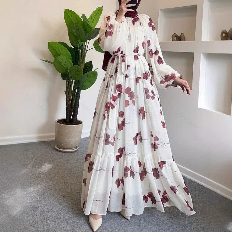 Watercolor Floral Maxi Dress | Long Sleeve Belted Tiered Dress(MS273) - Image 6