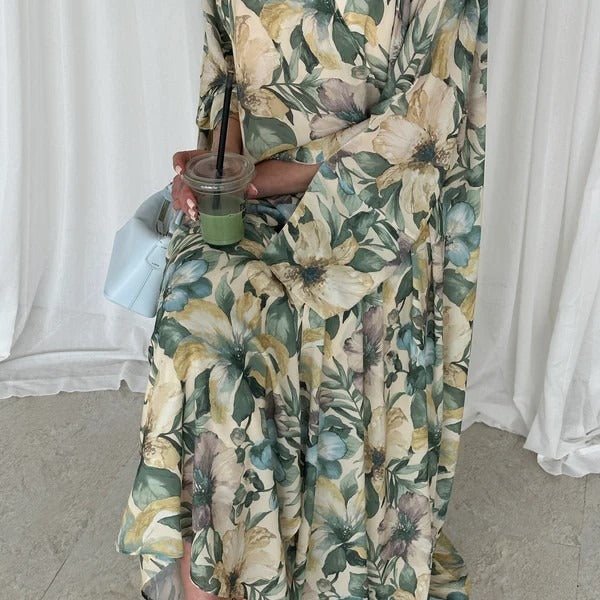 Watercolor Floral Print Abaya Set(MOA257) - Image 3